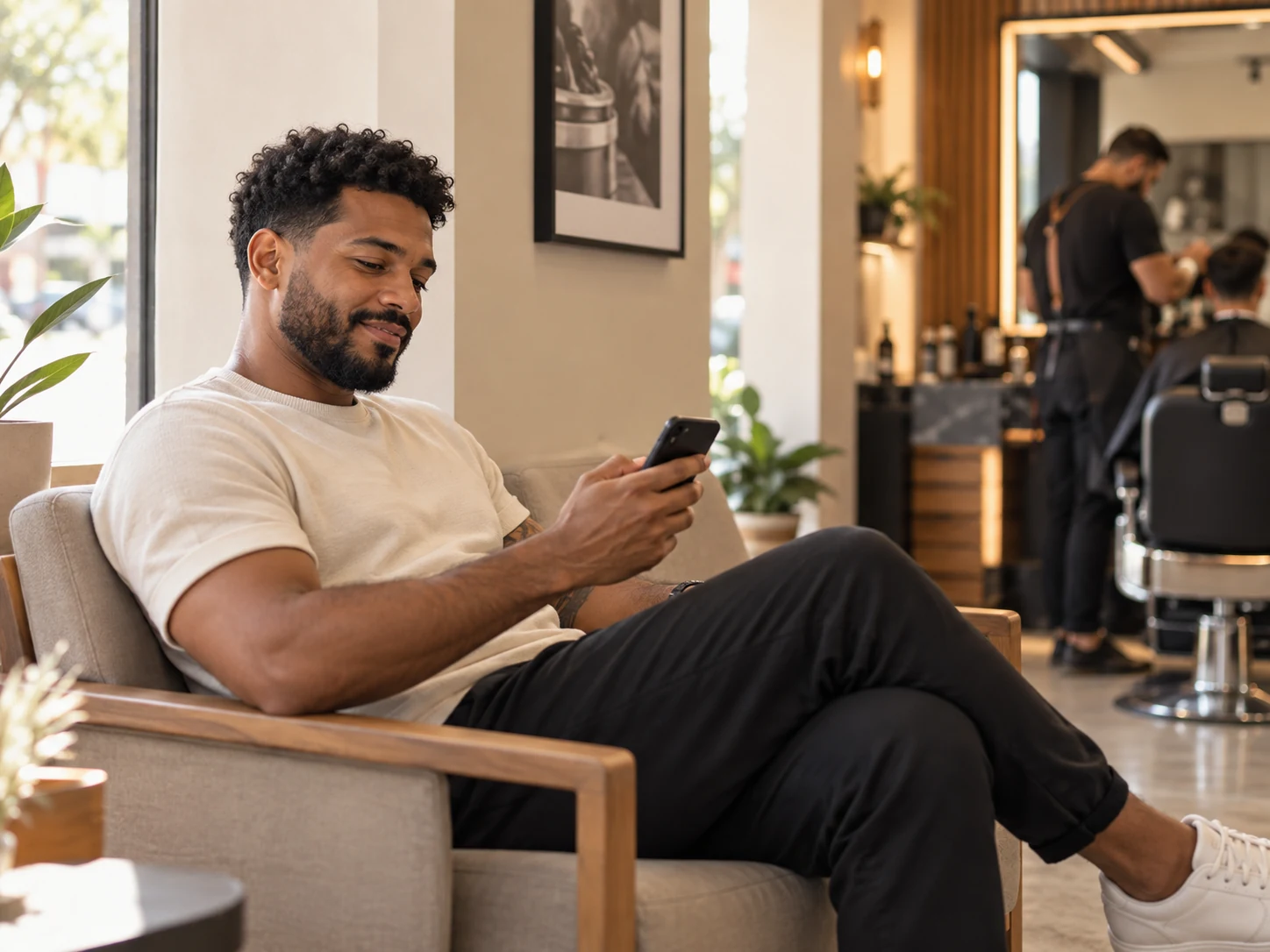 Cliente em uma experiência de barbearia, em imagem editorial