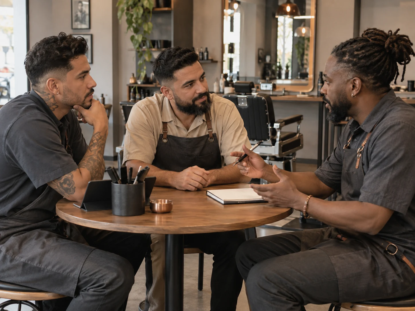 Equipe de profissionais em um ambiente de barbearia, em imagem editorial